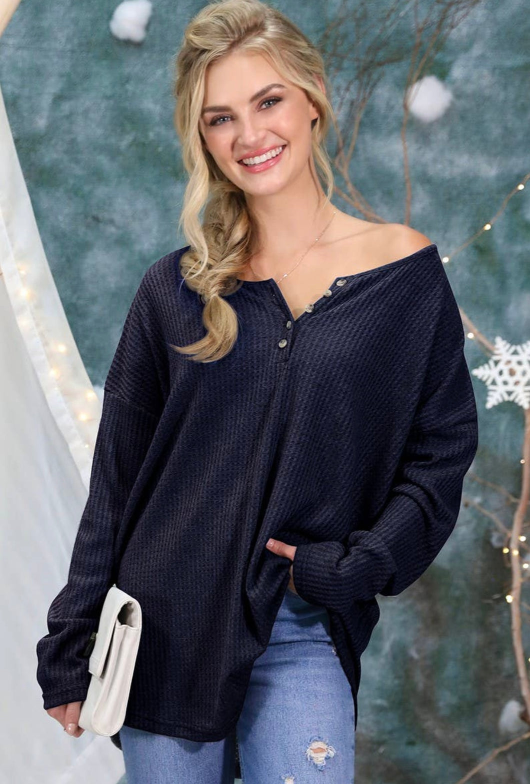 Waffle Knit Top- Navy Blue